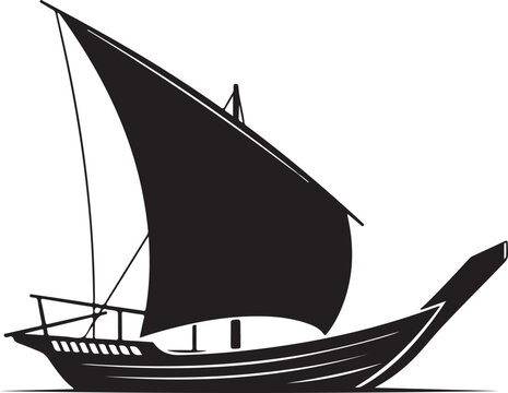 Traditional Dhow Boat Silhouette Sailing on Water.