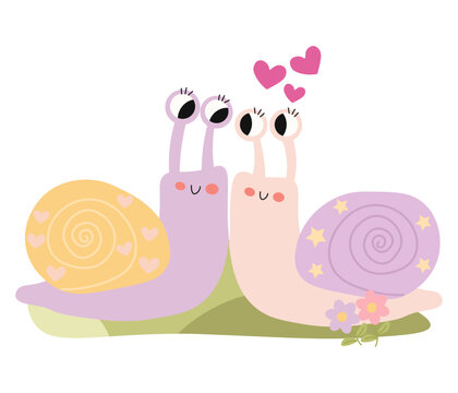 Pair of purple and pink snails with heart shapes and smiling faces on white background for romance concept