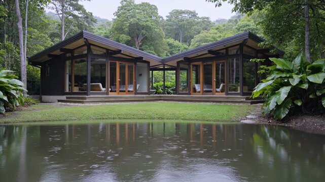 Rainfall gently caresses a tranquil pond mirroring elegant forest cabins in a lush tropical paradise