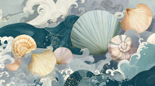 Oceanic Harmony: A collection of exquisitely crafted seashells, delicately arranged amidst swirling waves, creates a mesmerizing and serene depiction of the ocean's gentle rhythm.