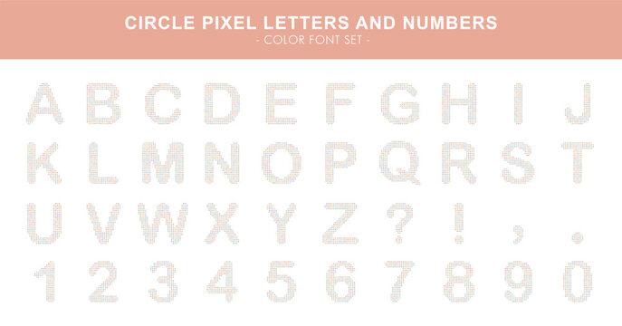 Circle pixel color font set featuring circle block-style alphabet letters A&ndash;Z, numbers 0&ndash;9, and punctuation symbols in circle pixel style. 