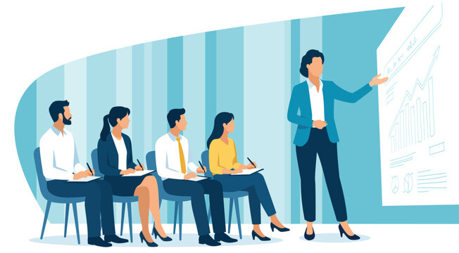 Education, presentation meeting. The business team listens to the teacher, female leader. Vector illustration.
