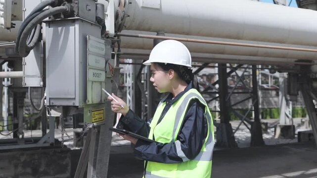 Industrial inspection engineer and technician in factory wearing safety helmet with clipboard, focused on maintenance and equipment inspection near pipeline for safety compliance