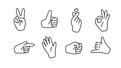 Fototapeta premium Minimalistic linear gestures set includes fist, peace, hang loose, hand heart, thumbs up, hi, OK, and pointing 