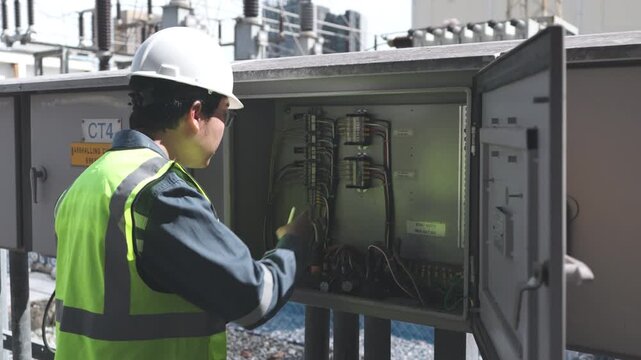 Electrician technician electrical cabinet control panel maintenance inspection in industrial power substation with safety helmet, wiring checks, engineer led control cabinet safety audit for utilities