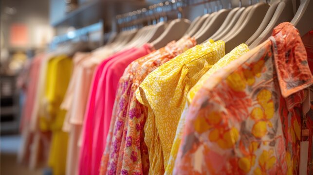 Rack of colorful women's summer dresses hanging in a retail clothing store
