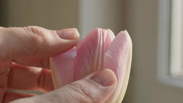 Unfurling the soft pink heart of a new tulip bloom with tender hands bathed in window light