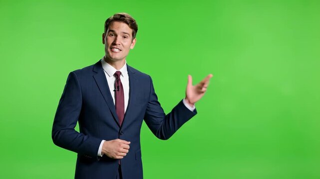 Male presenter in suit on green screen. Gesturing, speaking. Ideal for news, business, education.