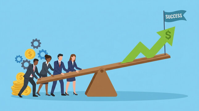 Collaborative professional workforce striving together to elevate corporate prosperity by maneuvering a conceptual seesaw toward peak accomplishment and strategic organizational triumph.