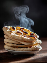 Stack of warm golden brown plain naan bread on white plate, steam rising, soft texture, rustic wooden table, inviting and fresh