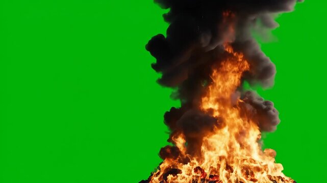 Massive fire, thick black smoke on green screen. Ideal for visual effects, compositing, dramatic scenes.