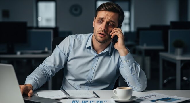 Burned out office worker alone after hours on phone shows emotional exhaustion, prolonged work pressure, unresolved tasks and realistic corporate burnout.