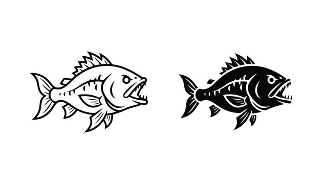 Aggressive predatory fish character in black and white vector outline and solid silhouette styles for fishing sports logo