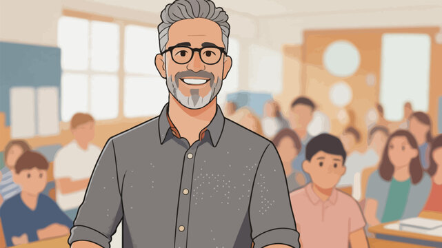 Smiling middle school teacher standing in a full classroom with students