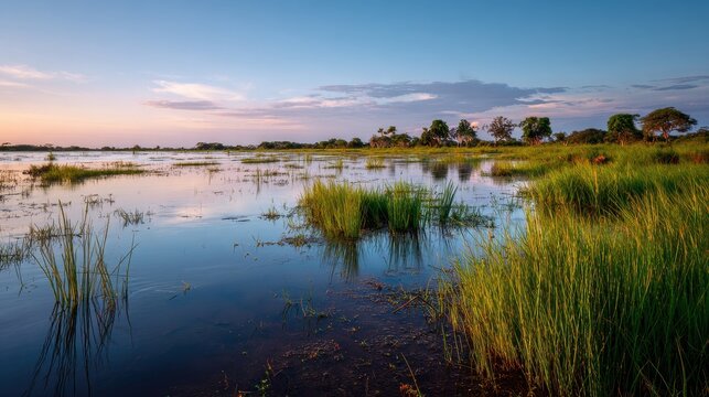 Corumba Pantanal Landscape: Serene Floodplain with Shallow Water, Reeds, and Wildlife at Sunset