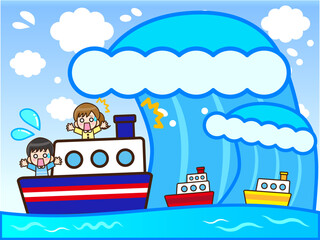 Naklejka premium 津波に襲われる船と海のイラスト素材5