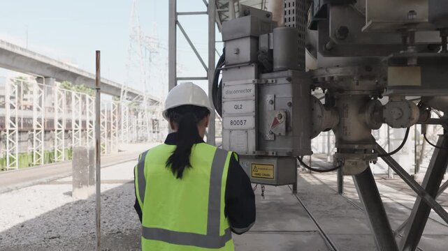Electrical substation power plant engineer safety vest hard hat maintenance inspection switchgear transformer utility worker inspecting disconnector power switch equipment technician and female