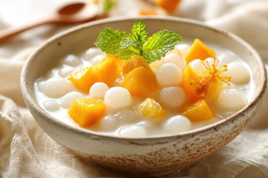 Creamy pearl tapioca pudding in a rustic bowl with tropical fruit
