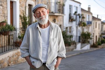 Fototapeta premium Senior man with white beard wearing cap and striped shirt standing on quiet street, hands in pockets, smiling warmly in sunny neighborhood