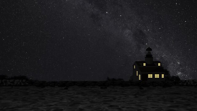 A serene night sky over a tranquil body of water with a lighthouse on the shore, stars twinkling above.