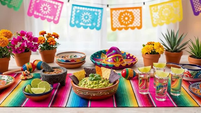 Festive Cinco de Mayo table with guacamole, tortilla chips and margaritas. Mexican holiday setup featuring sombrero, maracas, papel picado banners and marigold flowers. Vibrant fiesta celebration