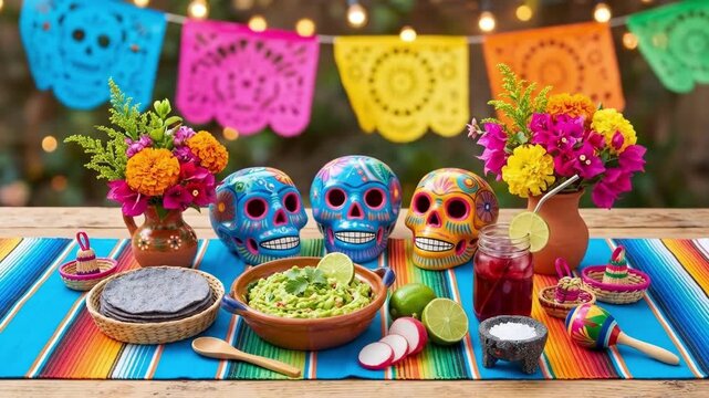 Vibrant mexican fiesta table with guacamole, corn tortillas and sugar skulls. Cinco de mayo celebration setup featuring marigold flowers, papel picado banners and traditional decorations. Mexican