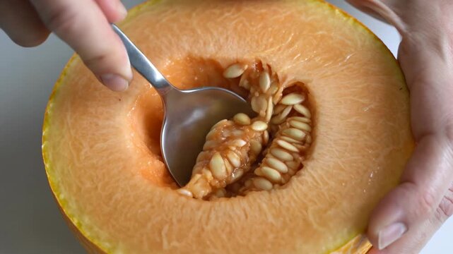 Golden cantaloupe's inner core lovingly cleaned, a silver spoon gently glides removing the seeds for a pure fruit experience