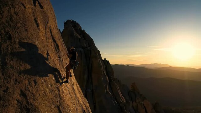 Lone silhouette rock climber rappelling colossal mountain under golden sunset sky with lens flares. Extreme wide video. Concept of scale and isolation