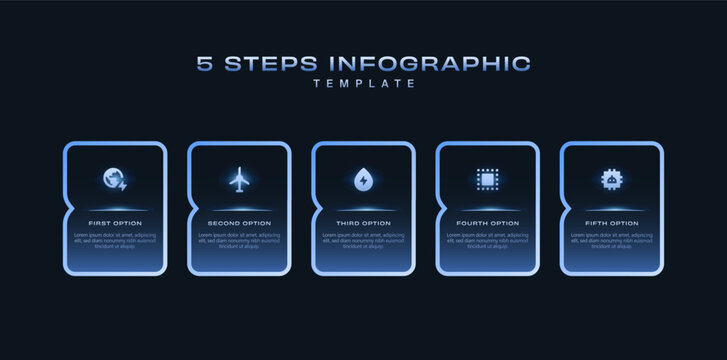 Vector infographic design with icons and 5 steps for business concepts. Workflow layout, process diagram, flow chart, info graph. Futuristic dark minimal style blue gradient for presentations banners