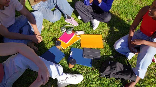Group of diverse students studying together outdoors on university campus