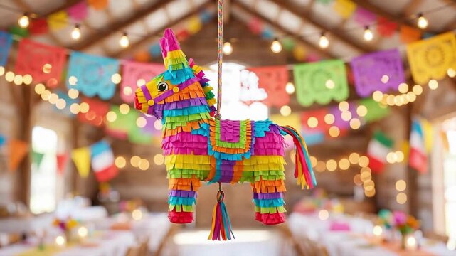 Colorful donkey pinata hanging in rustic party hall. Festive Mexican decoration with bunting and string lights. Cinco de Mayo celebration concept