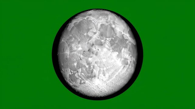 Realistic 3D moon rotation and phase changes on a green screen. Perfect for space, astronomy, or education.