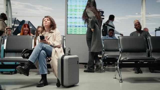 Woman in airport checking flight itinerary on smartphone, sitting on bench and waiting for plane arrival. Tourist doing trip planning using phone during long flight layover, camera A