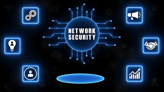 Network Security Concept with Icons and Circuit Board Design on Dark Blue Background digital technology.4k video.