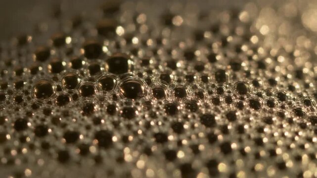Abstract macro close-up of a dark liquid surface adorned with countless small, effervescent bubbles, forming a captivating textured foam pattern with subtle reflections and a shallow depth of field