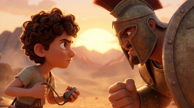 David vs Goliath, Young Shepherd David Confronting the Giant Philistine Warrior in the Valley of Elah