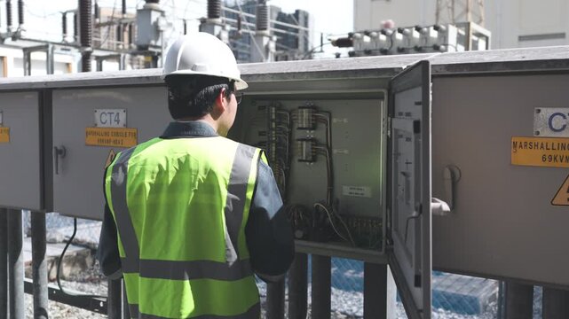 Electrical engineer in safety helmet and vest performing high voltage control panel and switchgear substation inspection and maintenance, industrial electrical panel service at power facility
