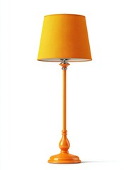 Fototapeta premium Orange Floor Lamp With Textured Lampshade And Ornate Base In White Studio Lighting