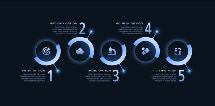 Infographic design template with charts, graphs, pie chart, workflow and 5 step process diagram. White background, dark blue neon gradient circular nodes, connected number icons for business