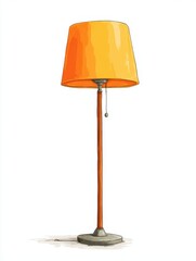 Obraz premium Orange Lampshade Floor Lamp With Wooden Pole And Gray Base Isolated On White