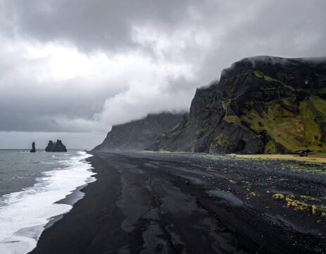 Dark, moody Icelandic coast with black sand beach