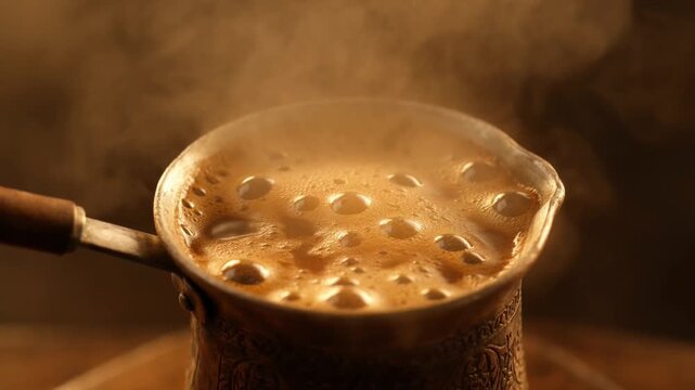 Extreme close up of black coffee boiling with bubbles and steam in hot beverage preparation