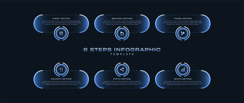 6 step infographic template with graphs, pie chart, workflow and circle diagram. Dark blue neon gradient futuristic style, editable vector for brochure, report, presentation, and web design use