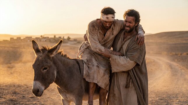 The Good Samaritan Helping an Injured Man on the Road, A Parable of Compassion and Mercy