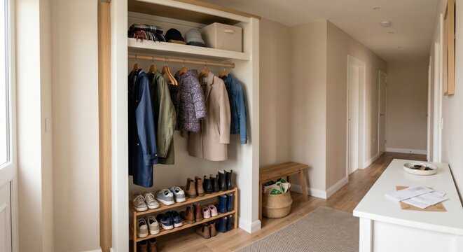 Open hallway wardrobe with outerwear and shoes, creating a realistic home storage scene focused on entry organization and ordinary daily living.