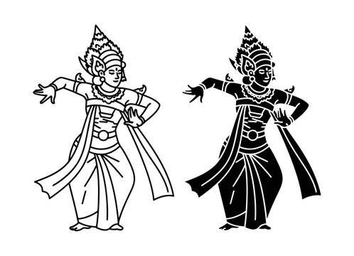 Balinese dancer icon set with outline and silhouette styles, white background