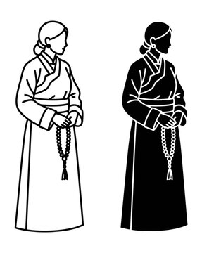 Tibetan woman icon set in traditional dress with prayer beads, outline and silhouette, white background