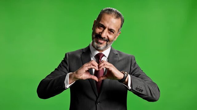 Smiling businessman in suit makes heart gesture on green screen, expressing love, care, and gratitude. Ideal for positive messages.