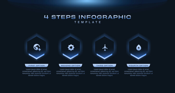 4 step hexagon infographic template for business concepts, dark blue gradient workflow diagram, info chart modern data presentation layout. Clean vector illustration with process infographics elements