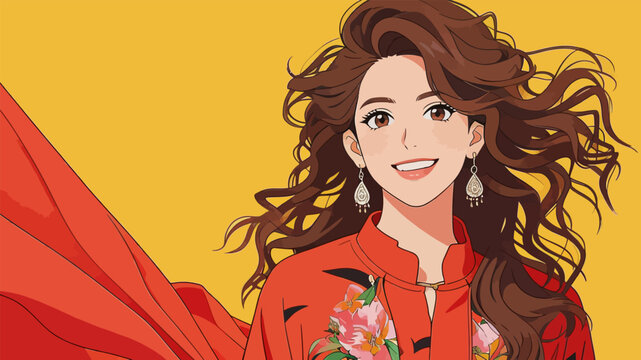 Smiling curly hair woman in floral red outfit against yellow background